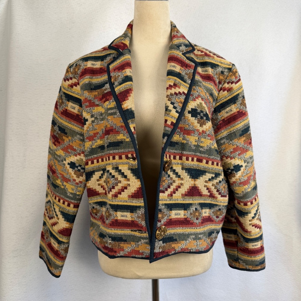Southwestern Geometric Tapestry Blazer Jacket Womens Small Button Front Retro - Picture 11 of 12